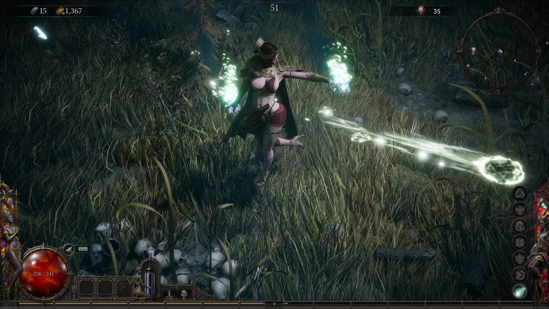 SACRATA: Mage fires a glowing projectile across tall grass, with health orb and skill bar UI visible.