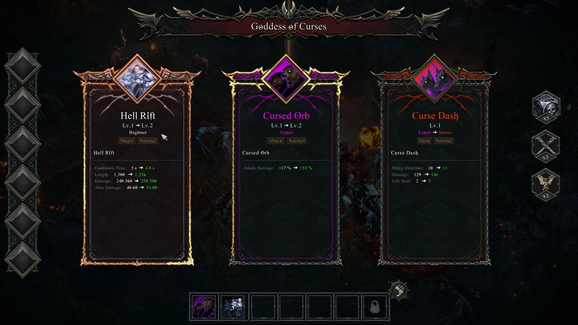 SACRATA: Goddess of Curses upgrade menu with Hell Rift, Cursed Orb, and Curse Dash choices.