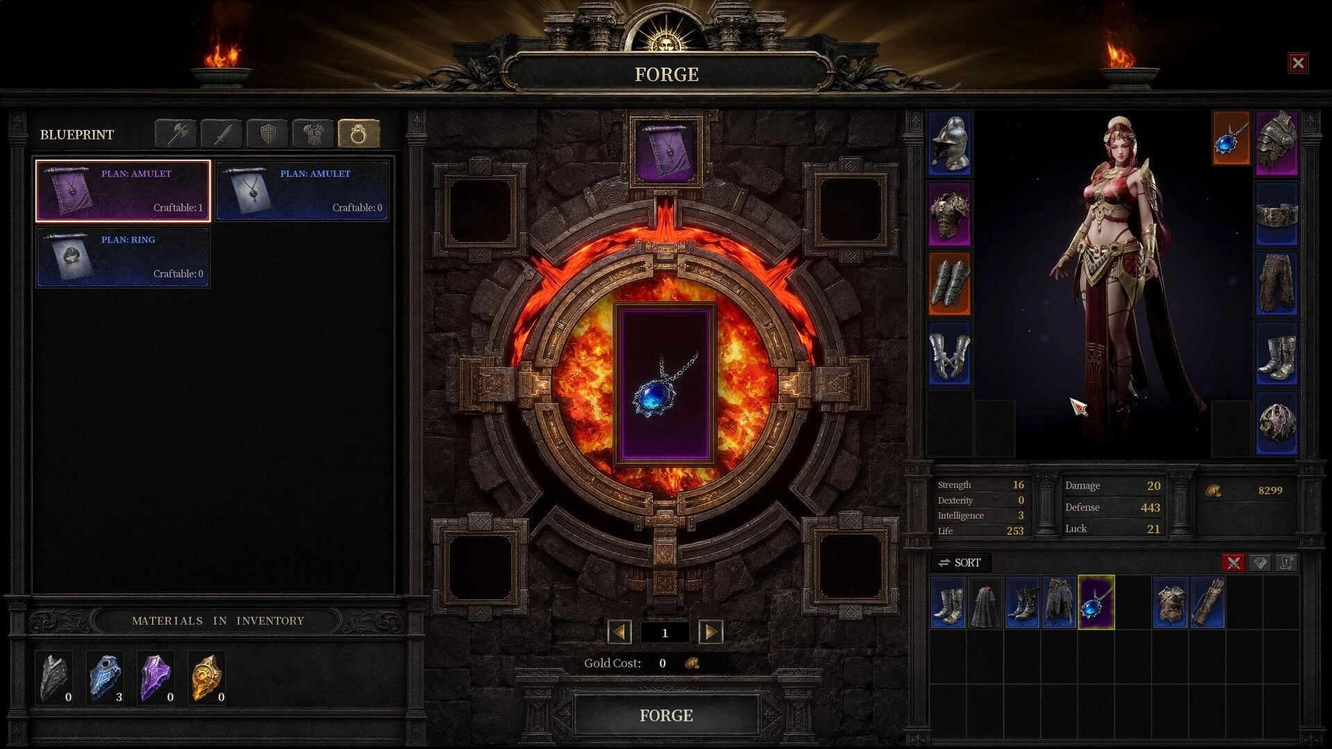 SACRATA: Forge crafting screen with amulet blueprint, fiery furnace slots, and hero gear inventory UI.