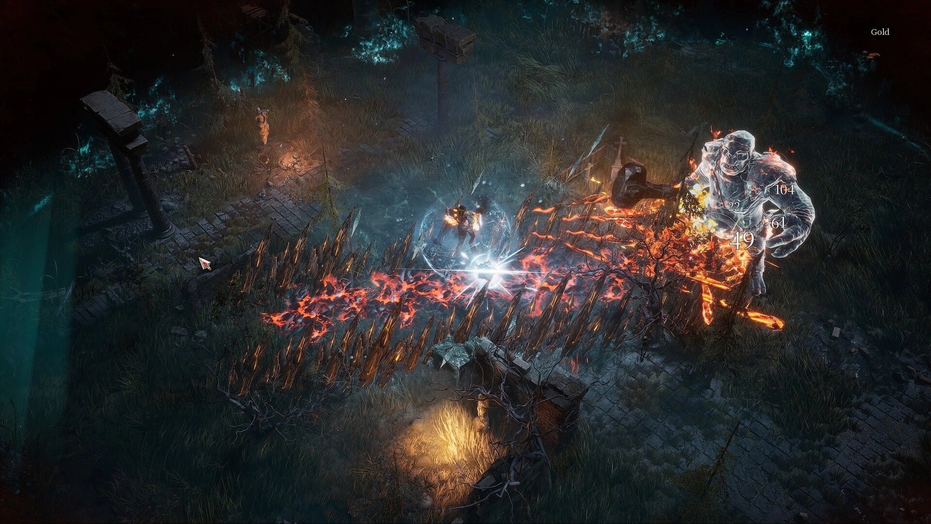 SACRATA: Hero casts icy blast at giant ogre amid lava spikes in ruined, foggy courtyard UI gold text.