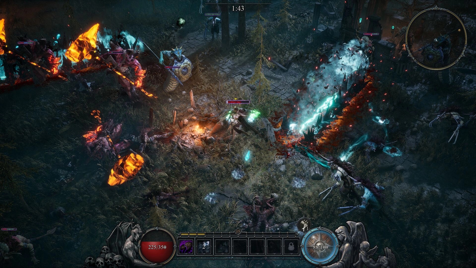 SACRATA: Hero blasts lightning at monsters near ruins, timer and health/mana orbs on HUD.