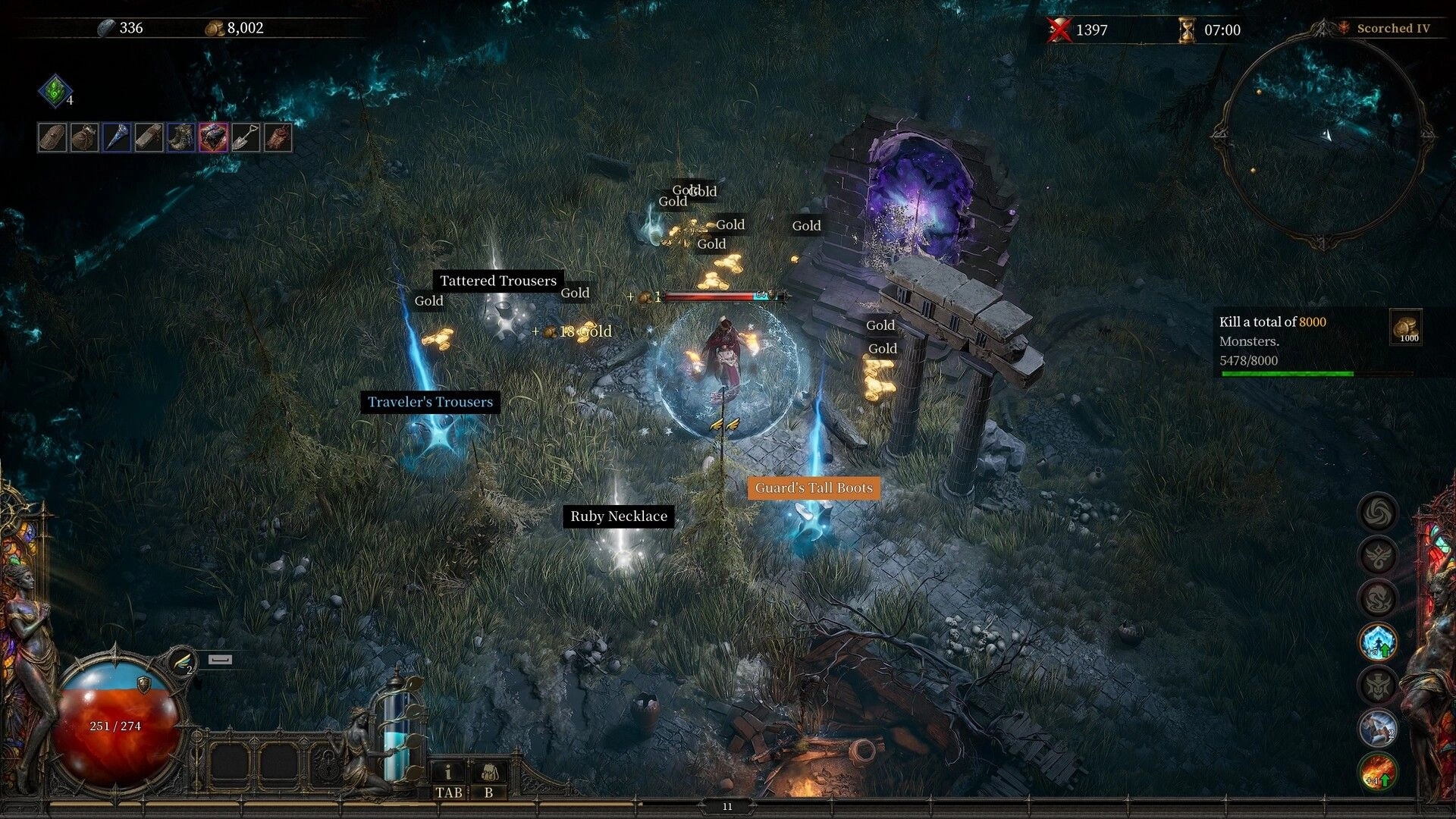 SACRATA: Hero stands amid loot labels and gold piles beside a purple portal in grassy ruins.