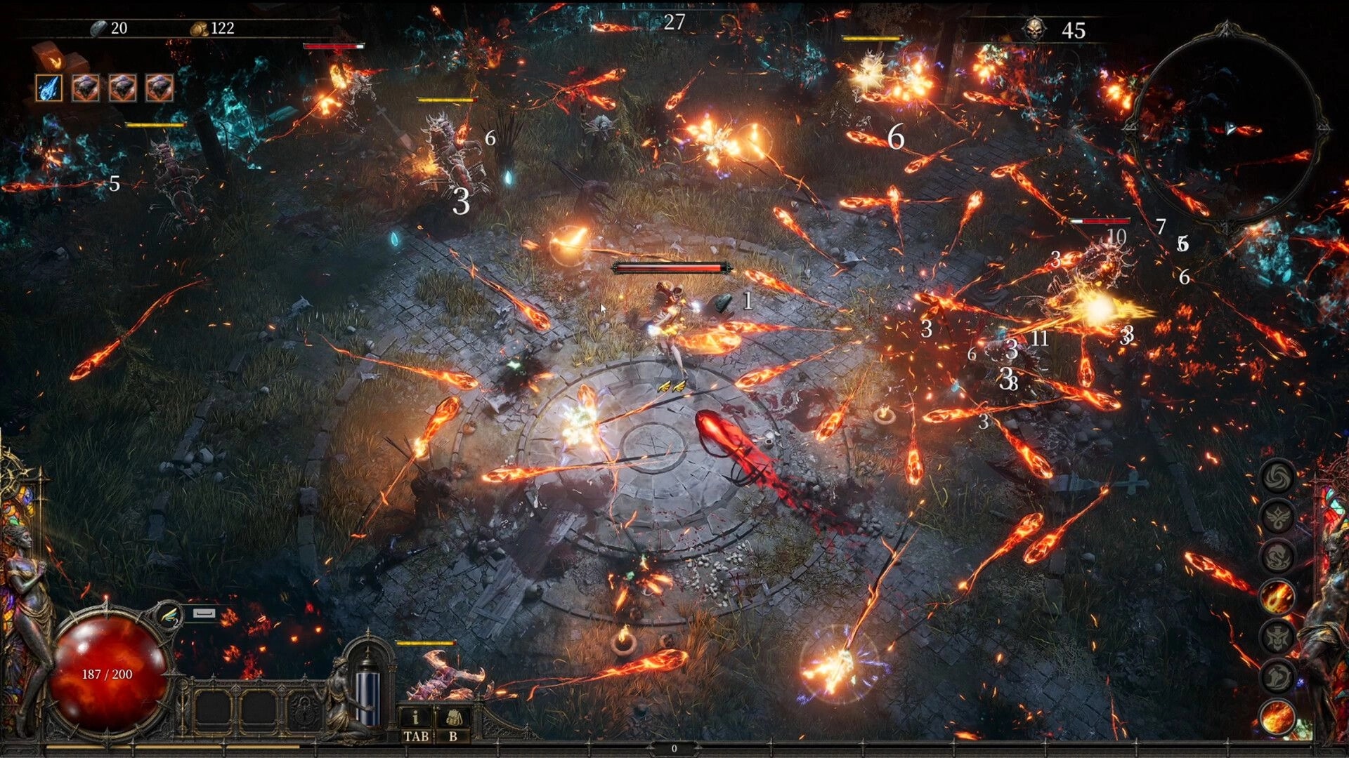 SACRATA: Hero unleashes fiery projectiles into enemy hordes on a ruined stone circle with HUD.
