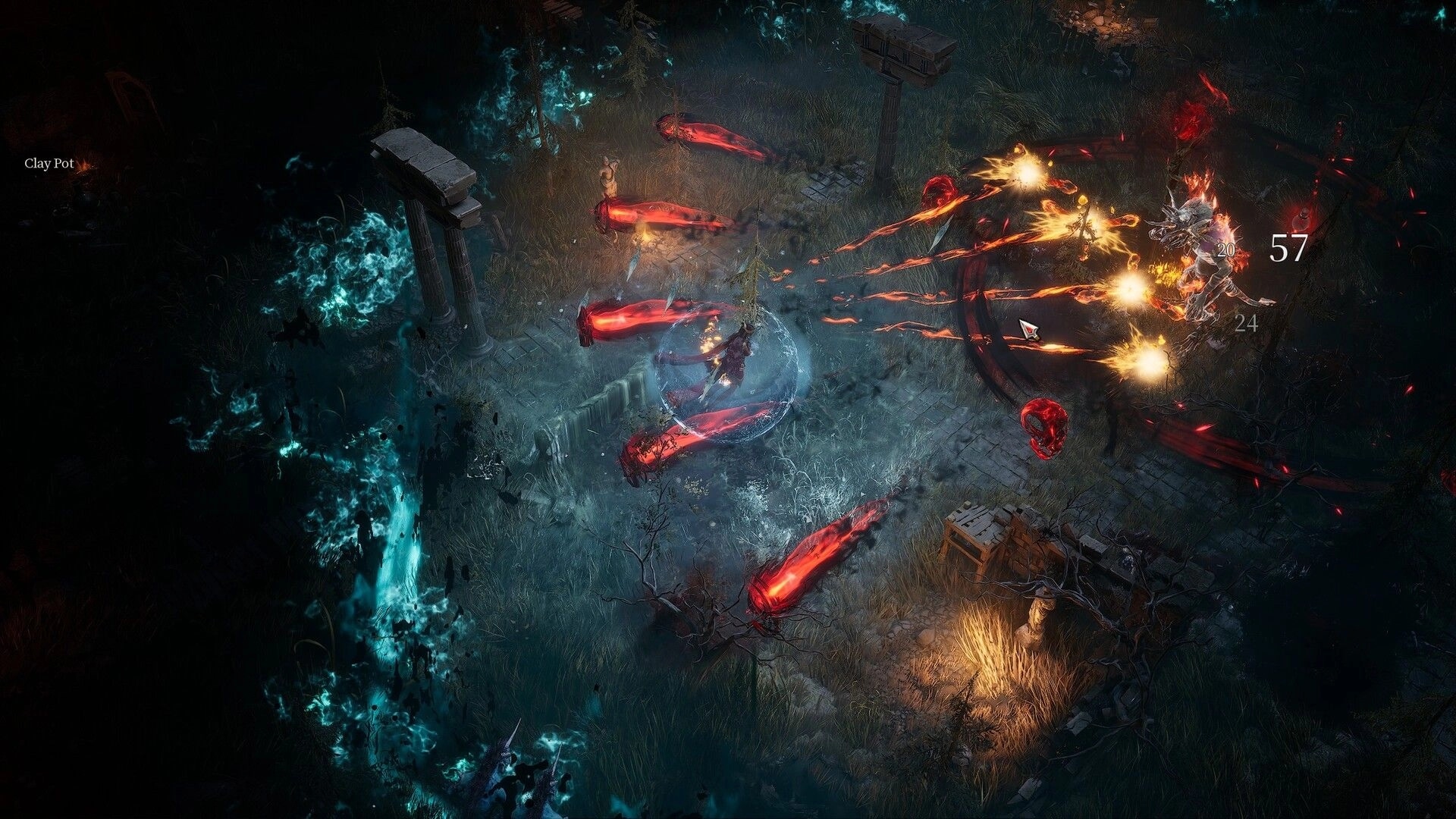 SACRATA: Hero battles enemies with fiery blasts and red projectiles in ruined stone courtyard at night.
