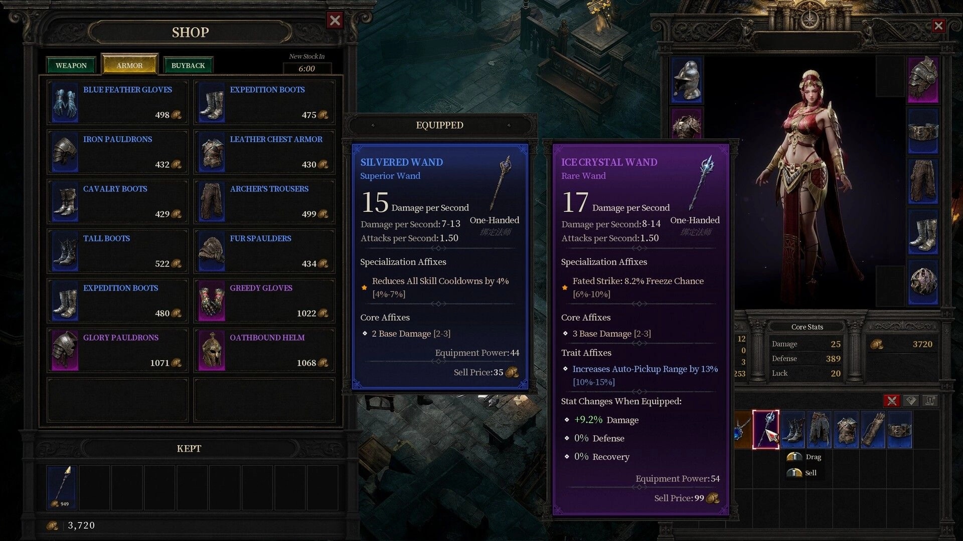 SACRATA: Shop and inventory UI comparing wands, with equipped gear and hero model on right panel.