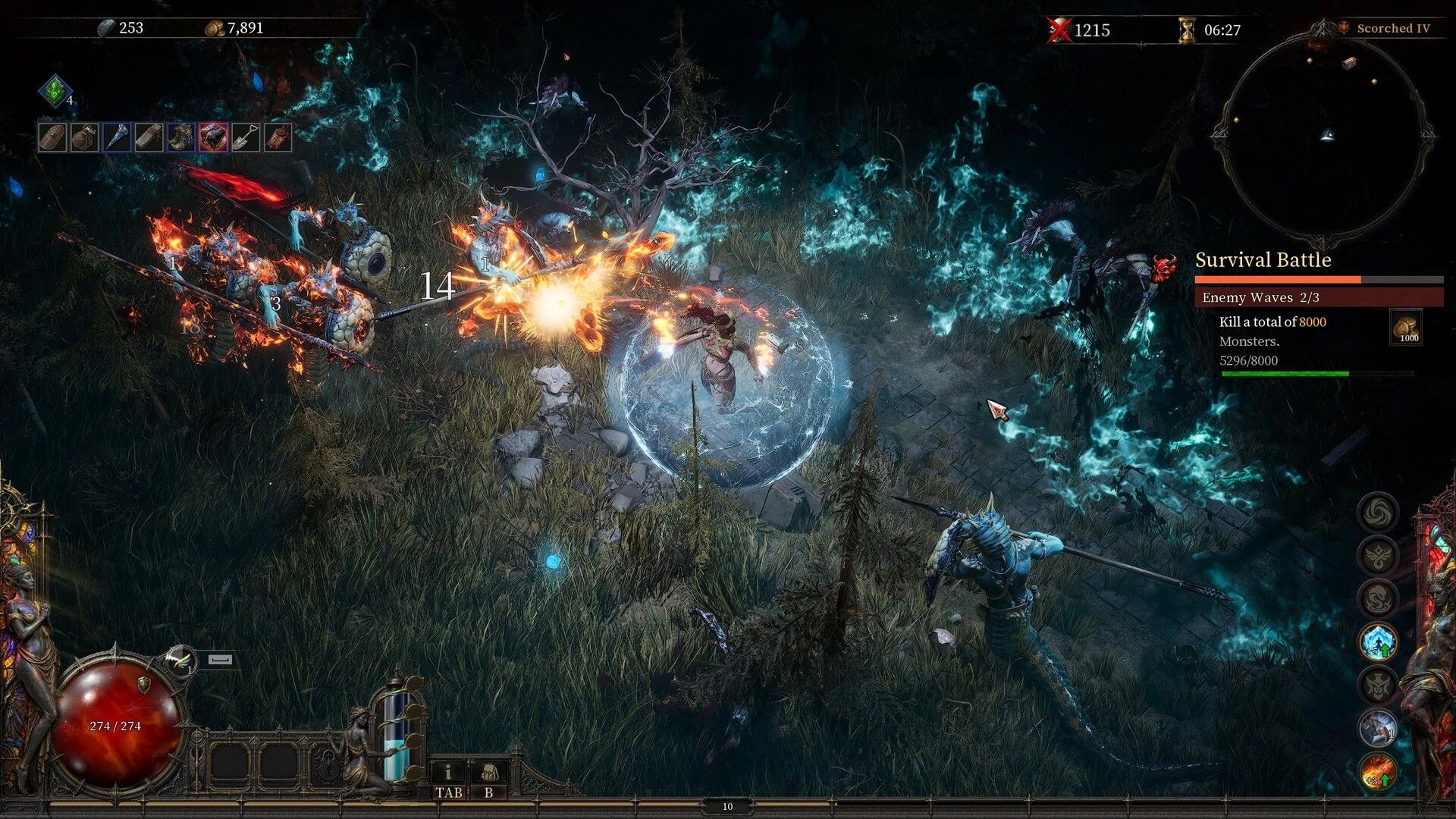 SACRATA: Hero casts fiery blasts inside a shield bubble during Survival Battle in a haunted field.