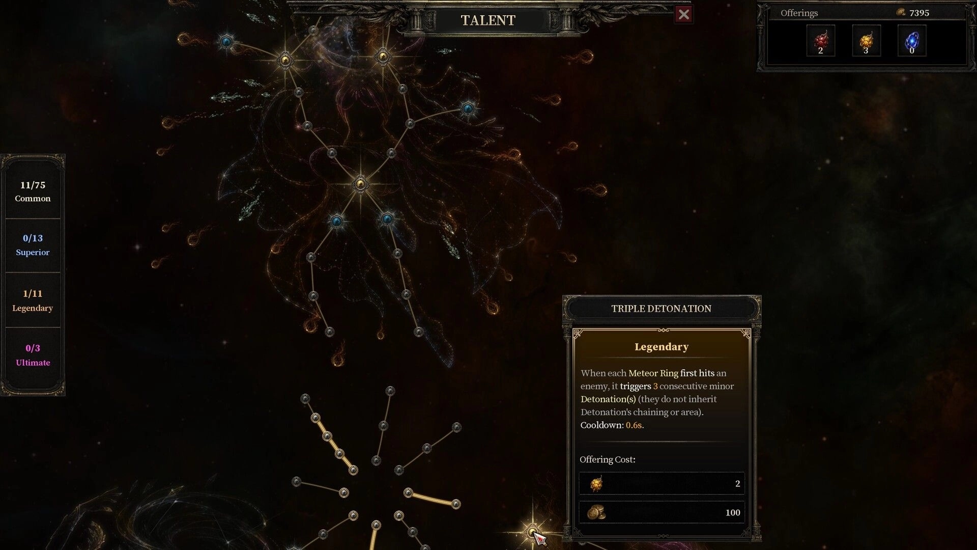 SACRATA: Talent constellation skill tree with Triple Detonation tooltip over a dark cosmic backdrop.