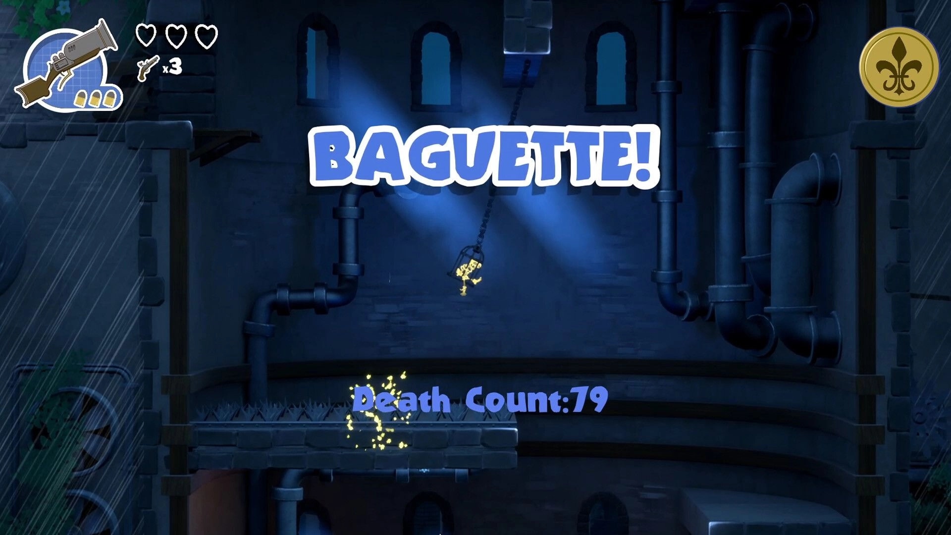 Sacre Bleu: Player swings on chains in a dimly lit tower, with "BAGUETTE!" and "Death Count: 79" displayed.