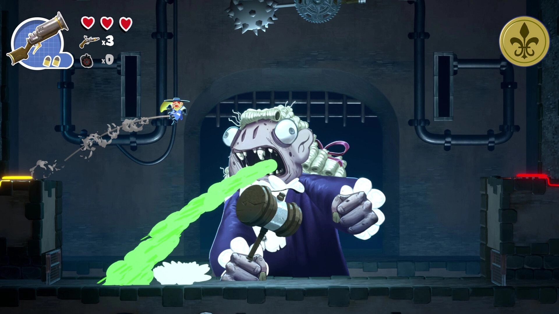 Sacre Bleu: Hero dodges giant enemy's green attack in dungeon with weapon UI and health indicator