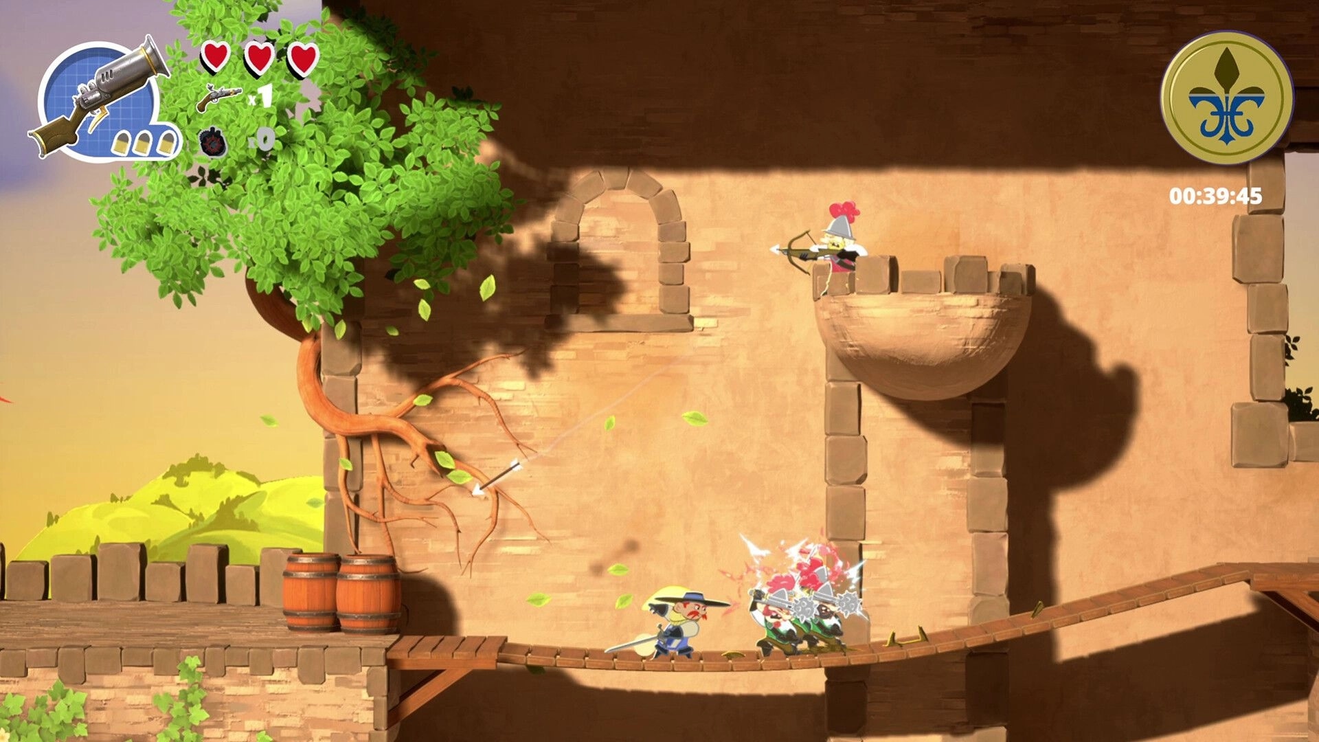Sacre Bleu: Swordfight on wooden bridge against soldiers in castle courtyard with time and health UI visible