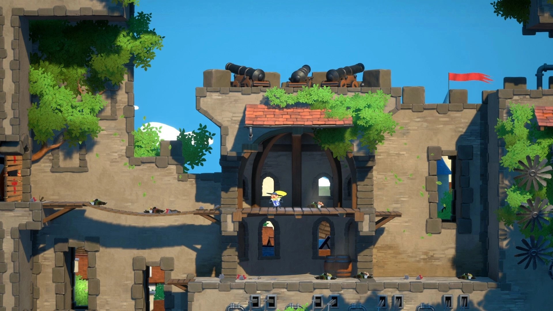 Sacre Bleu: Character traversing a wooden bridge in a lush, overgrown castle setting with cannons above.