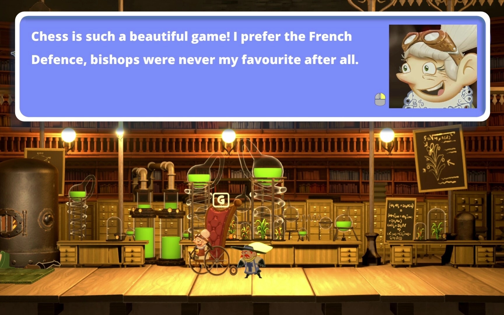 Sacre Bleu: Character dialogue with inventor in laboratory filled with green glowing machinery