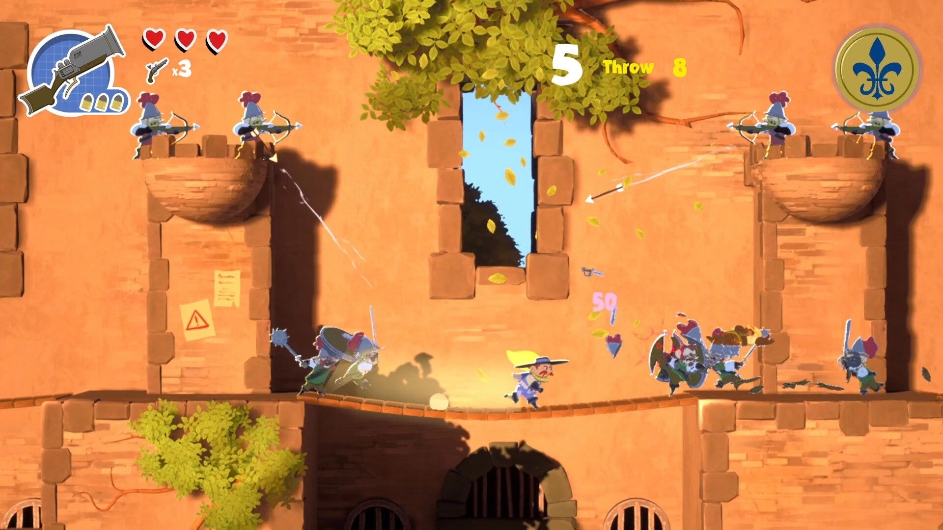 Sacre Bleu: Character battles enemies on a castle wall with crossbowmen and heart icons visible