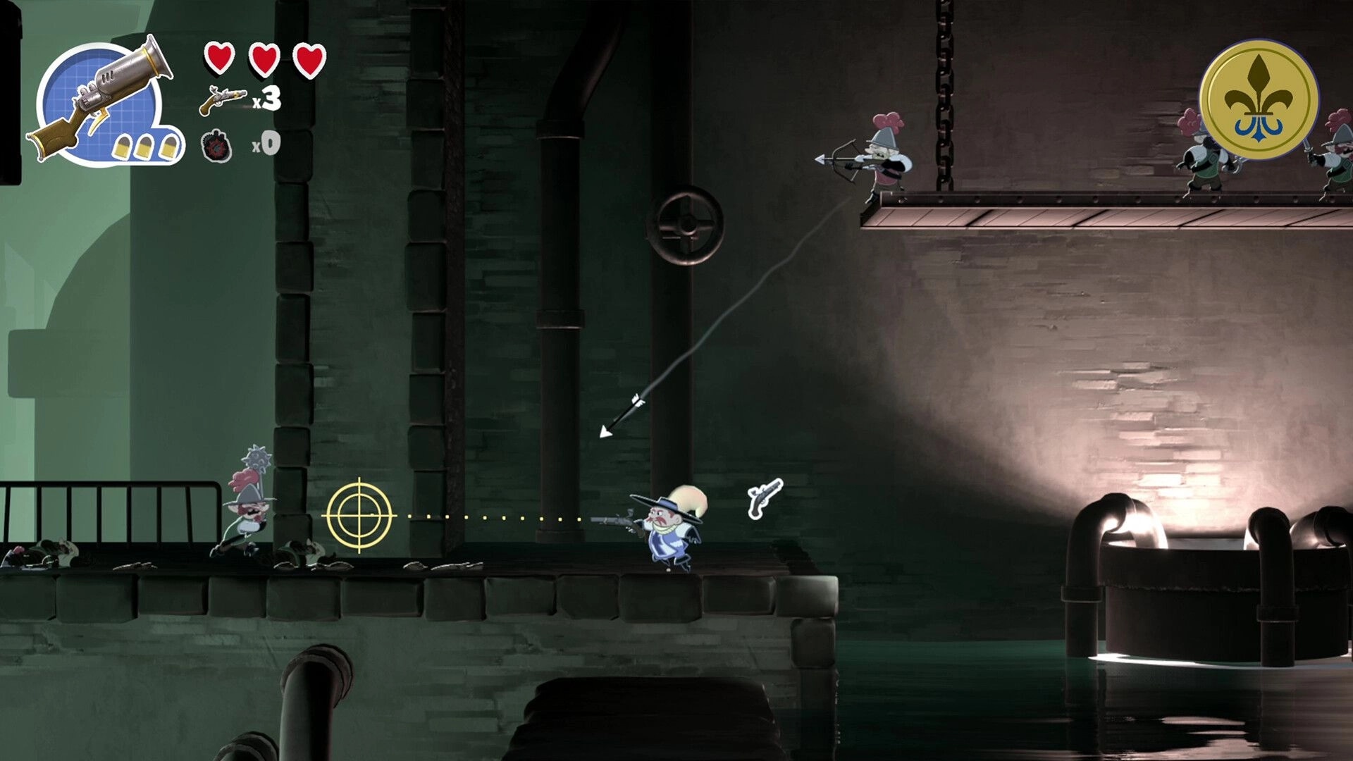 Sacre Bleu: Player character aiming at enemies with crossbow in dimly lit industrial platform setting