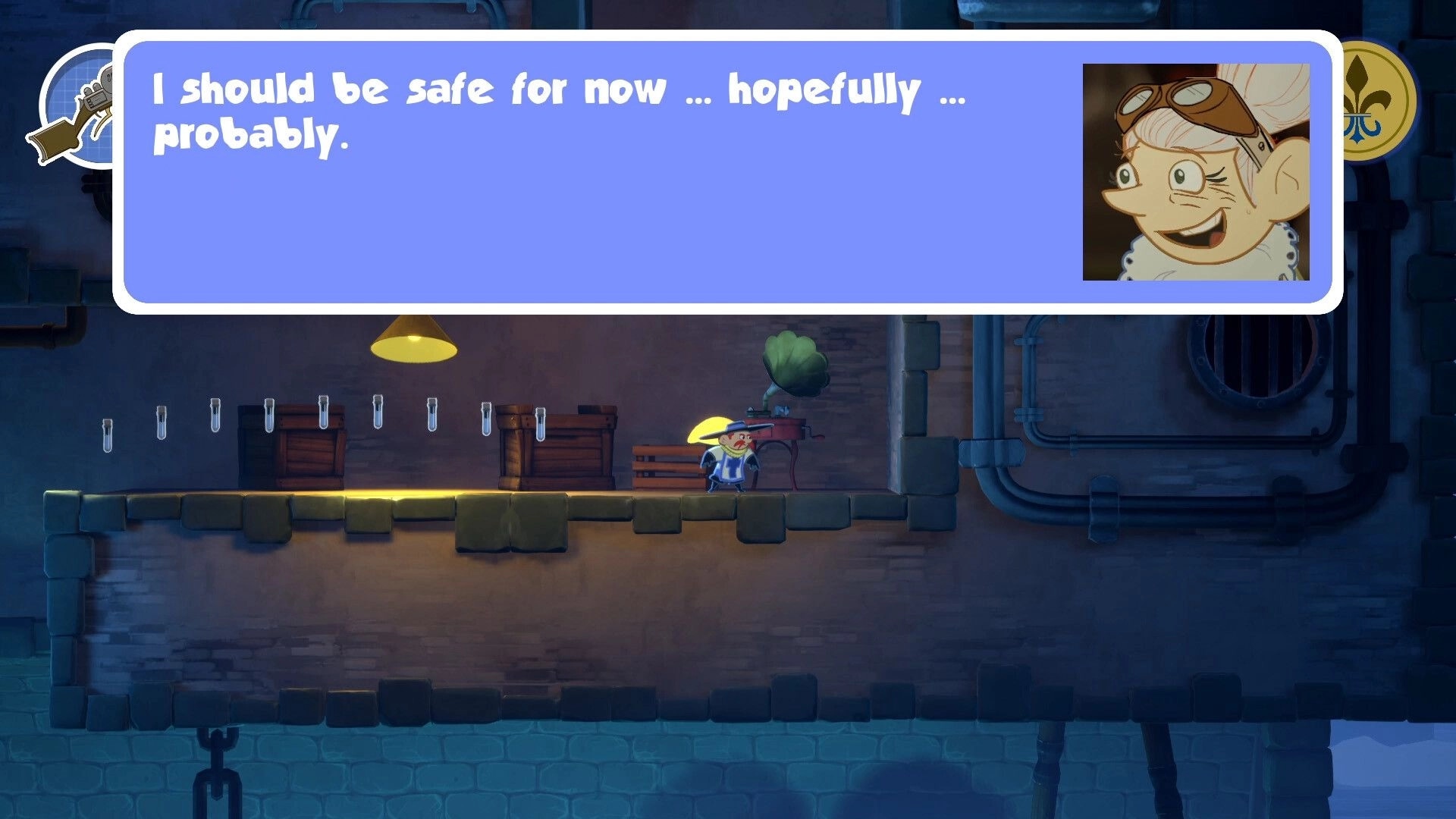 Sacre Bleu: Character under lamplight on stone platform with dialogue box and portrait in the Bastille
