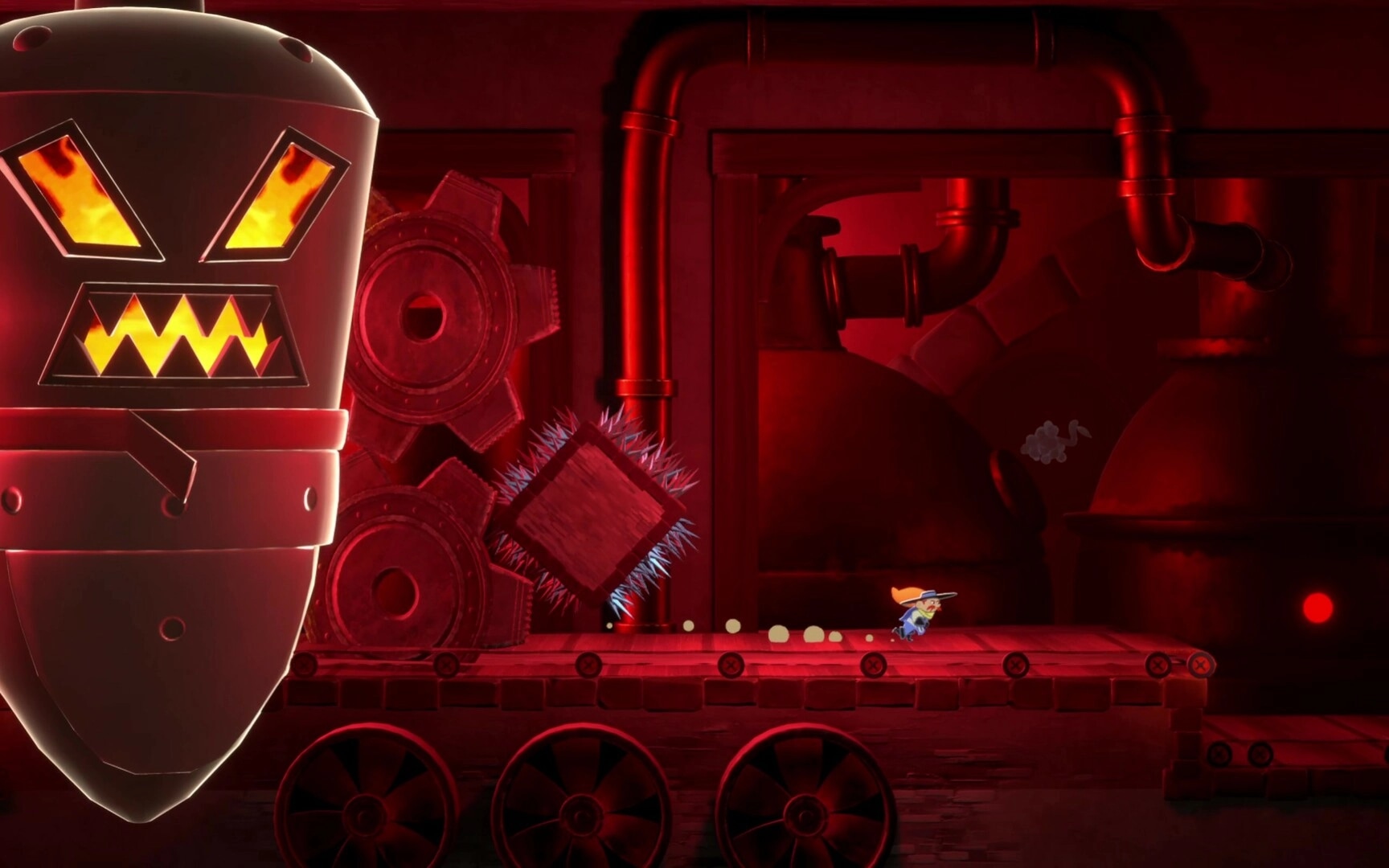 Sacre Bleu: Hero dashes on red factory platform evading spiked gears and giant menacing robot face