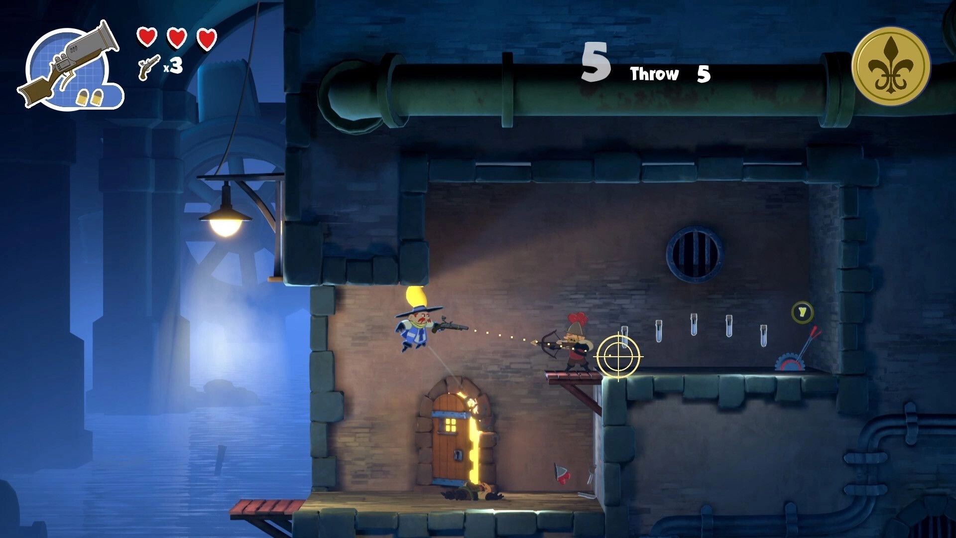Sacre Bleu: Hero in mid-air shootout with enemy archer inside dimly lit stone fortress corridor