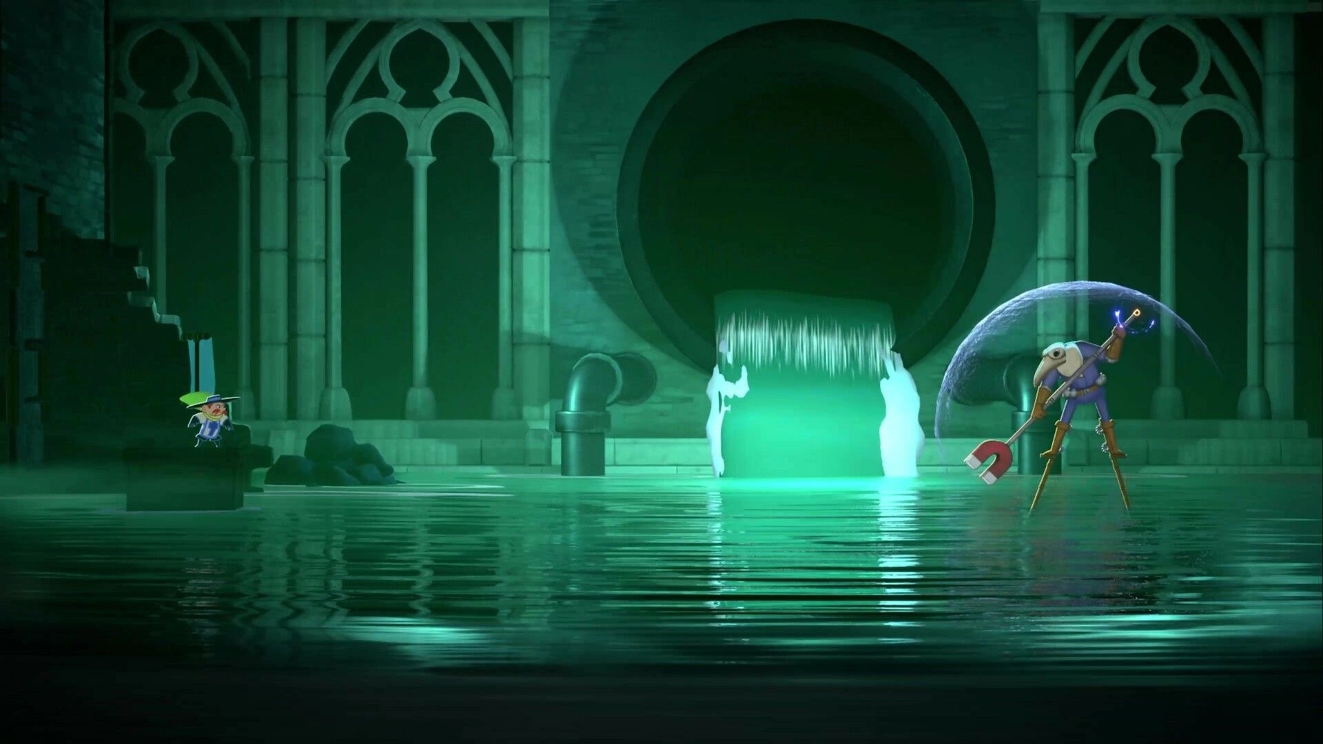 Sacre Bleu: Character dodging attack in underground sewer with glowing green waterfall in background