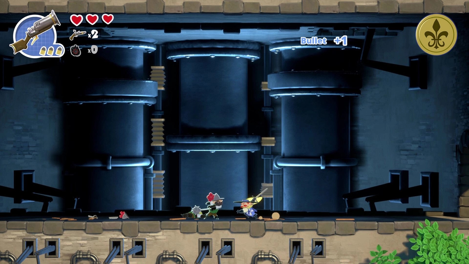 Sacre Bleu: Sword-wielding hero battles enemy mouse in industrial corridor with UI showing health and ammo