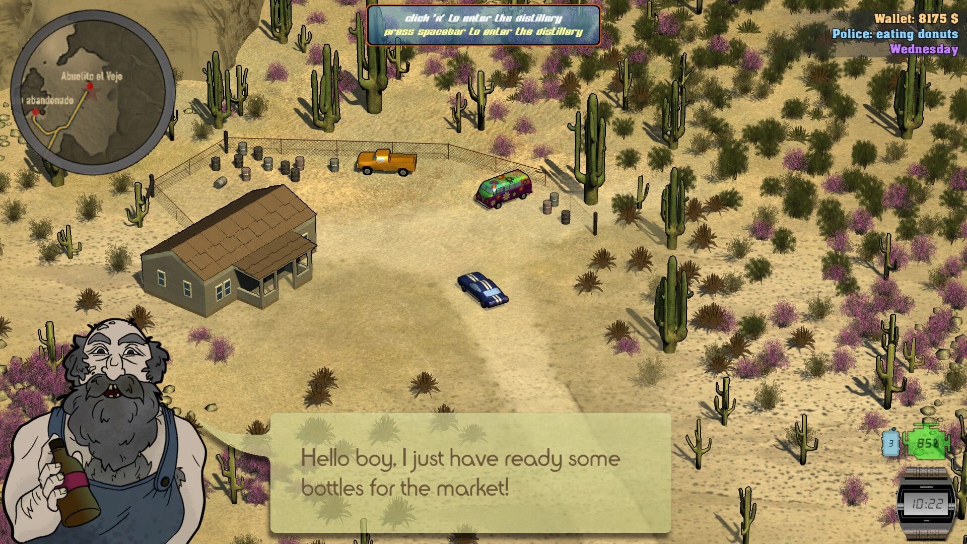 Saddle Up and Drive: Character dialogue and vehicles near a desert distillery with cacti and dirt road.