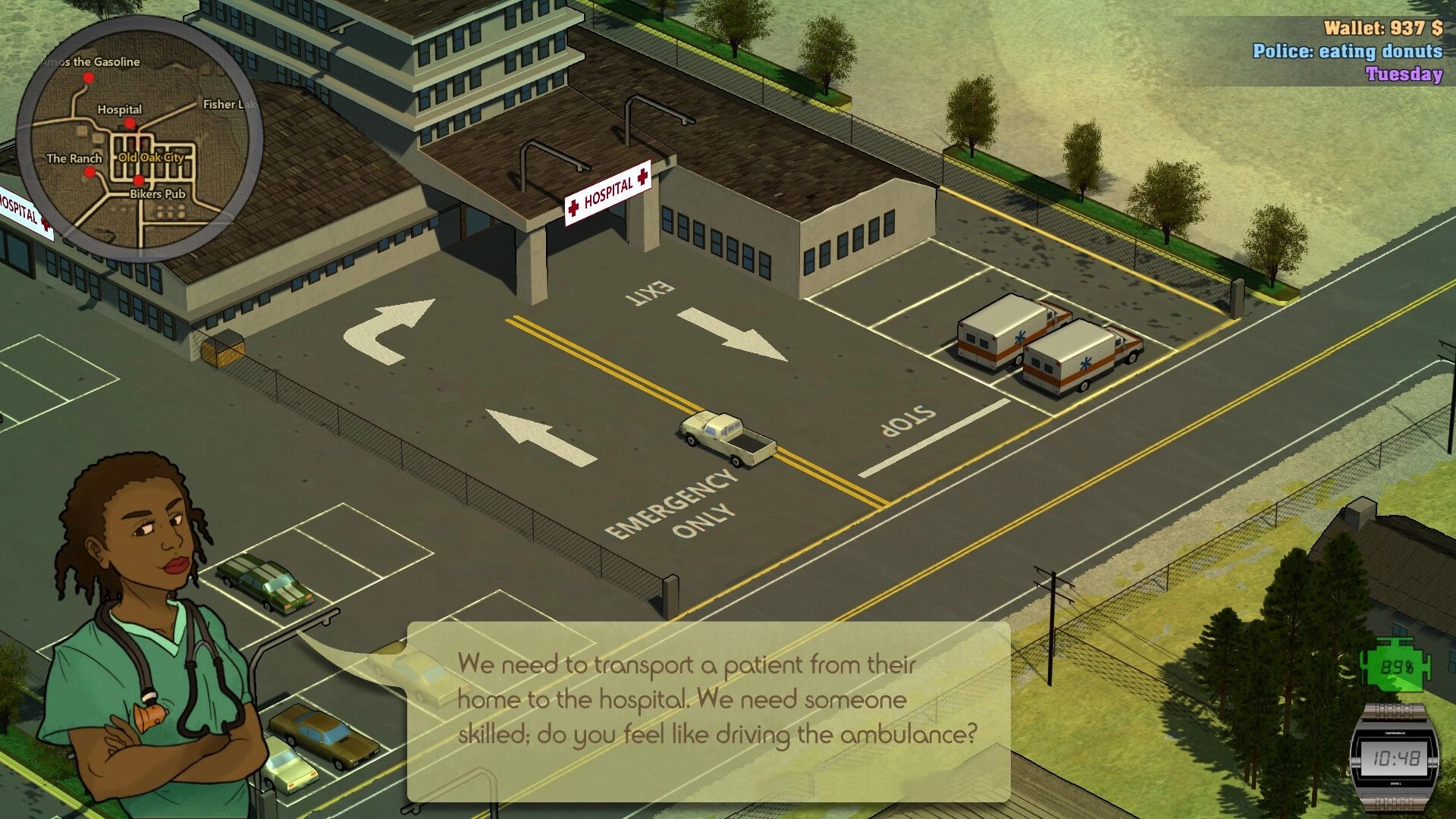Saddle Up and Drive: Ambulance mission briefing at hospital with map and dialogue visible