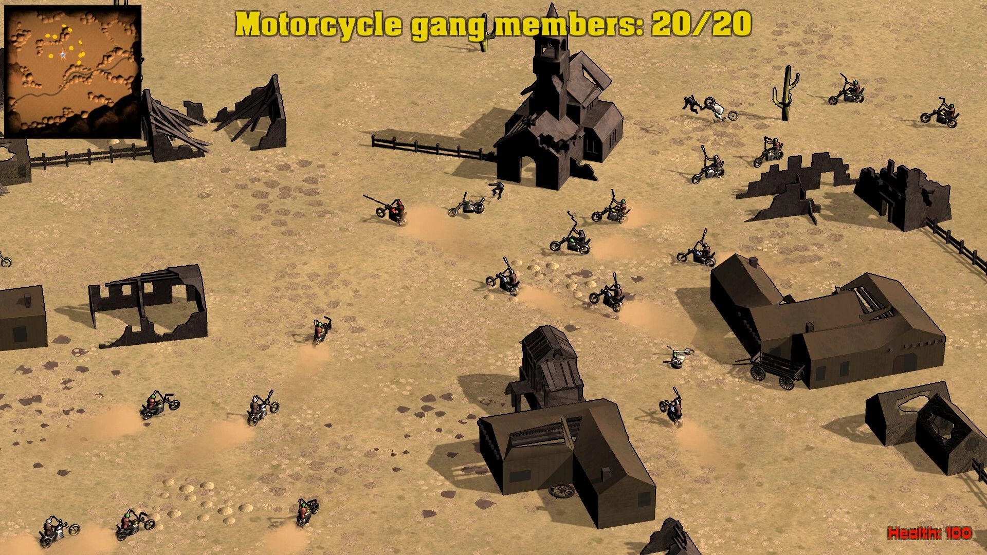 Saddle Up and Drive: Motorcycle gang navigating desert terrain with health and map interface visible
