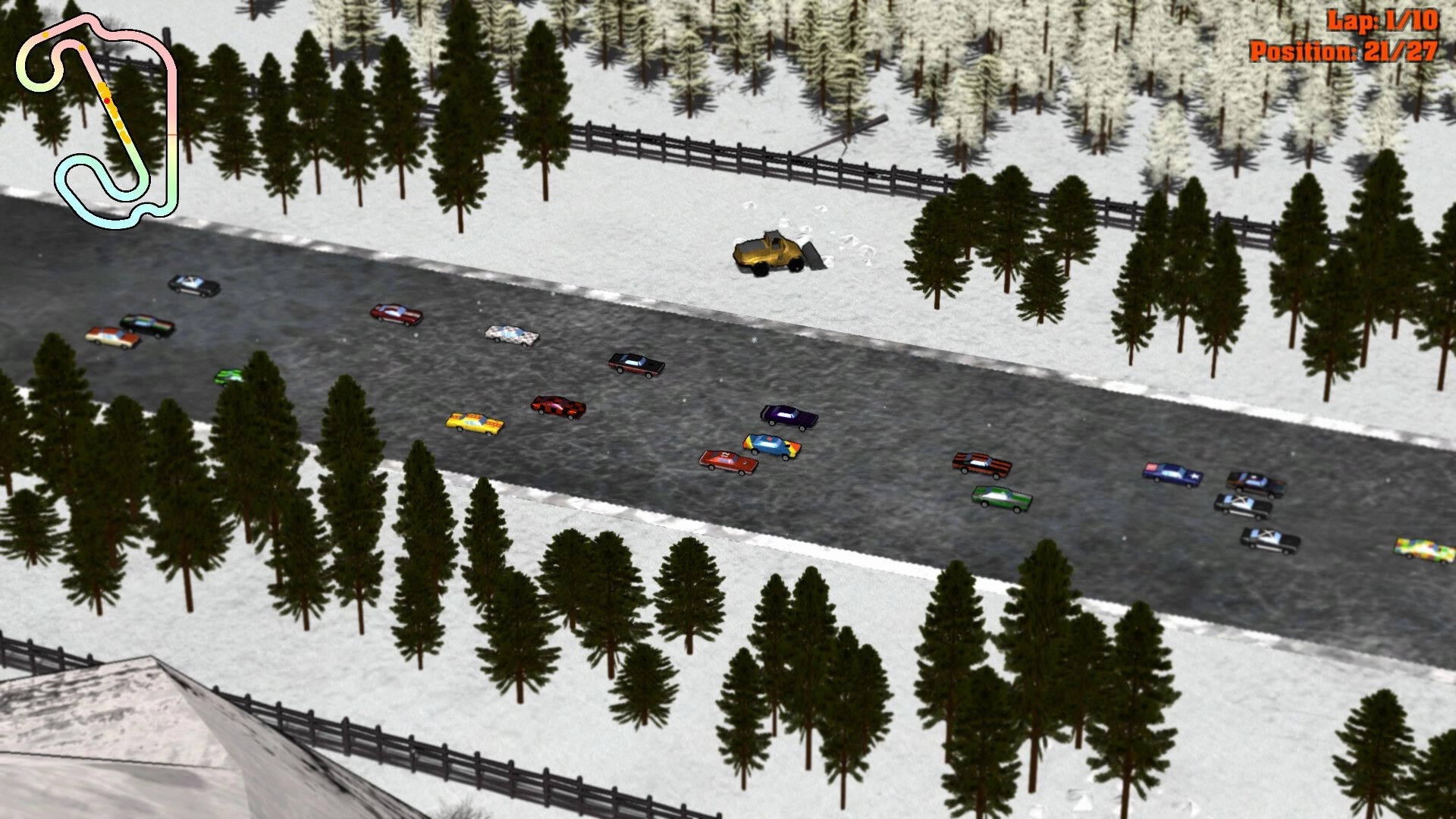 Saddle Up and Drive: Isometric race with multiple cars on snowy road surrounded by pine trees