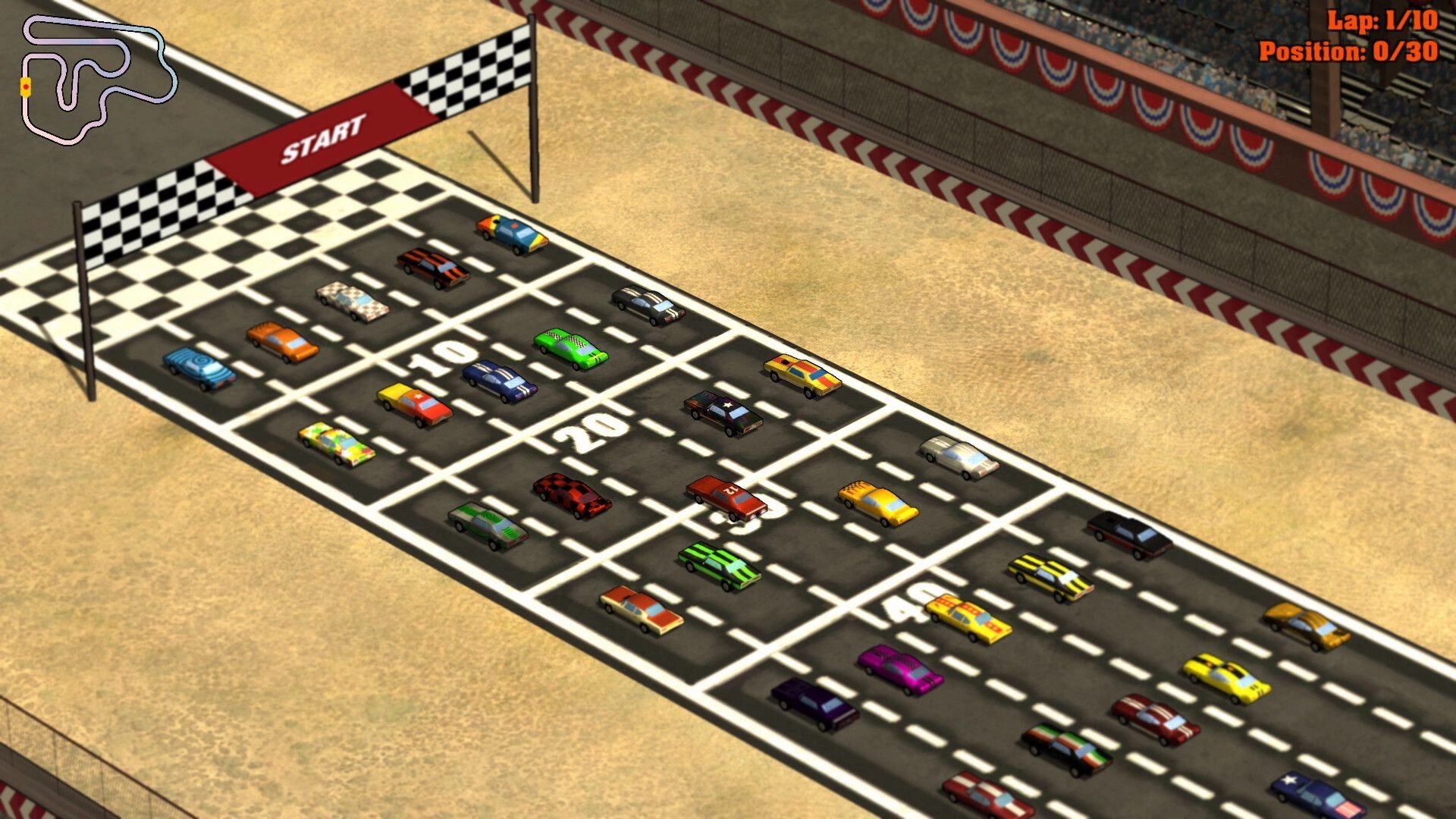 Saddle Up and Drive: Cars lined up at the starting grid on a desert race track, lap 1 of 10 displayed.