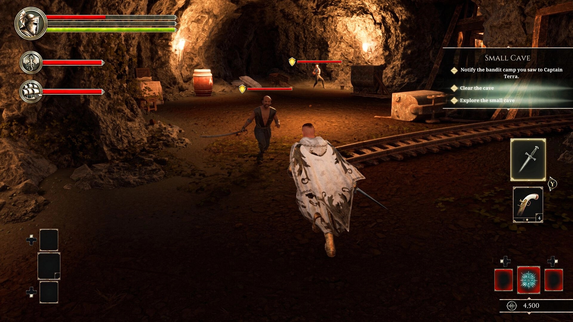 Sagas of Lumin: Player engages bandits in a dimly lit cave with combat UI and quest objectives visible.