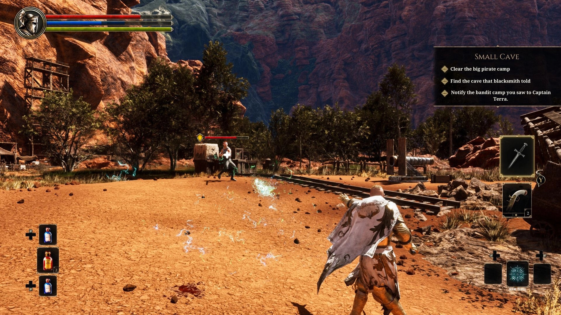 Sagas of Lumin: Player engaging in combat with enemy near canyon, quest objectives visible on screen