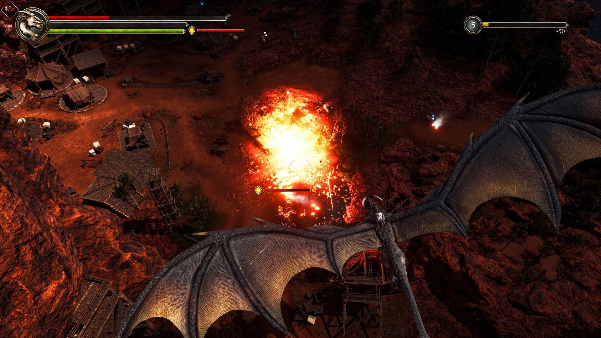 Sagas of Lumin: Dragon flying over a village as fireball explodes, with health and energy bars visible.