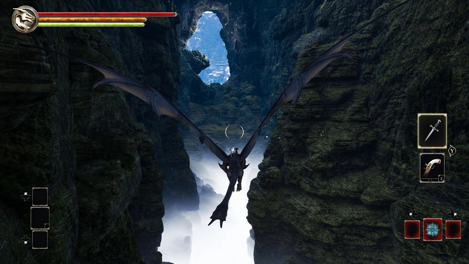 Sagas of Lumin: Dragon flying through misty canyon with health bars and weapon icons in the interface.