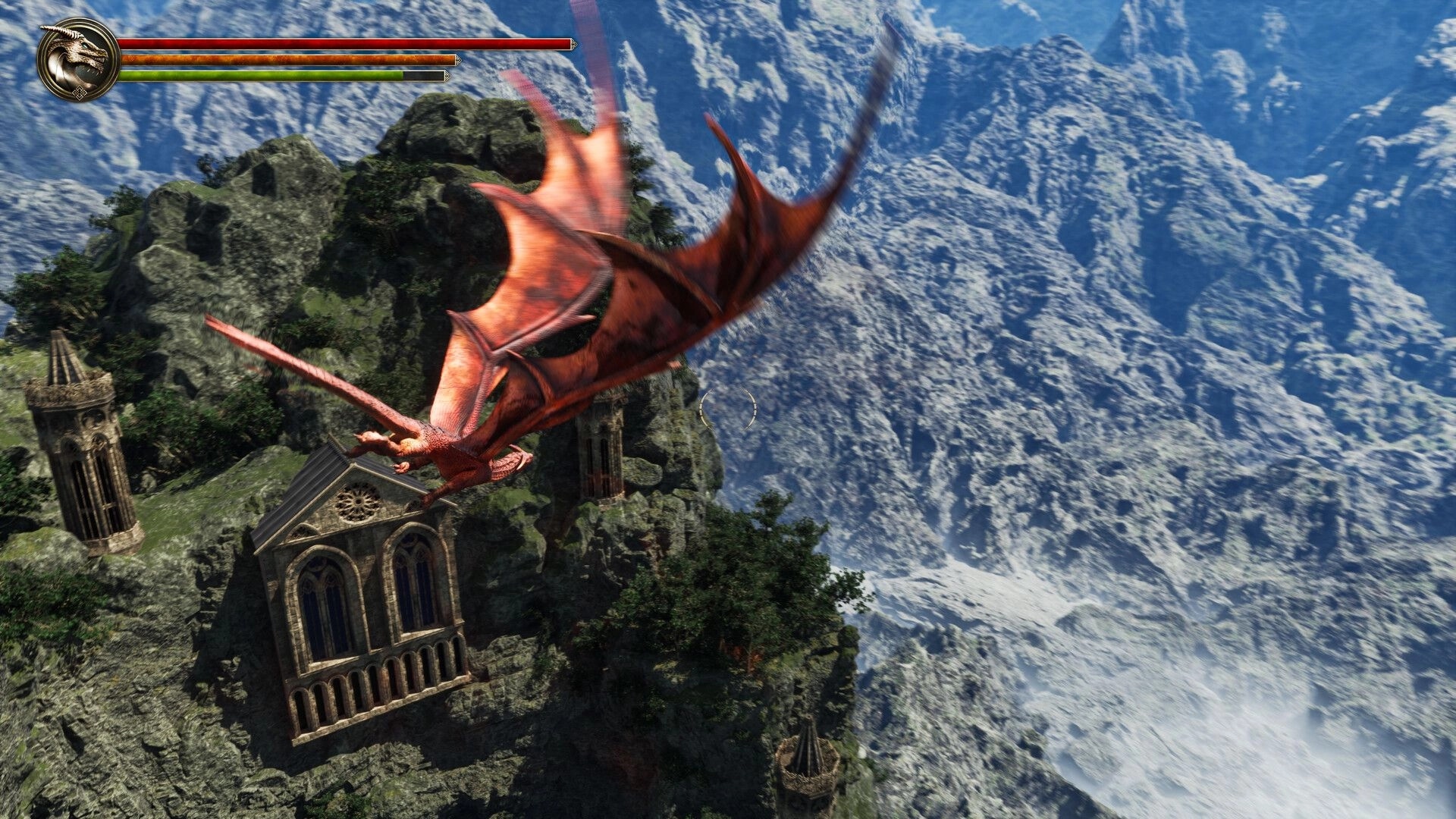Sagas of Lumin: Red dragon soaring over ancient ruins in mountainous landscape with health bar visible