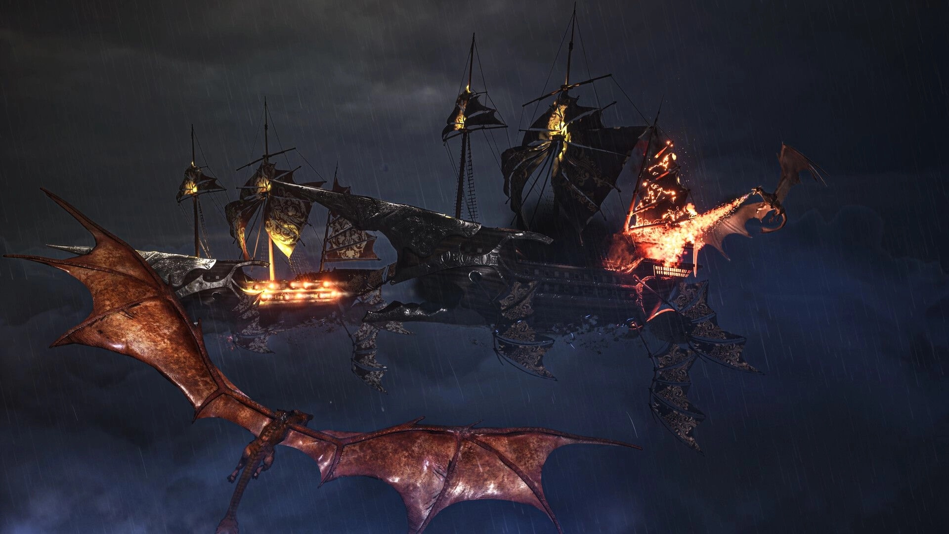 Sagas of Lumin: Dragons attacking burning ships in stormy night sky battle scene