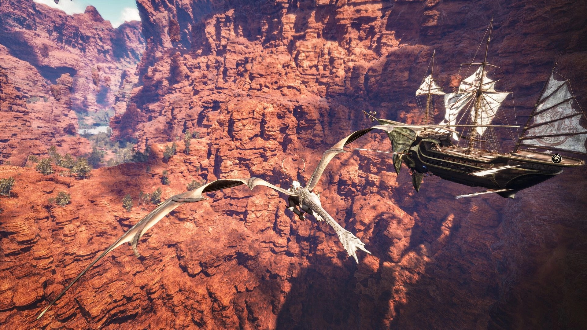 Sagas of Lumin: Dragon chasing airship over red canyon landscape with rugged cliffs and sparse vegetation