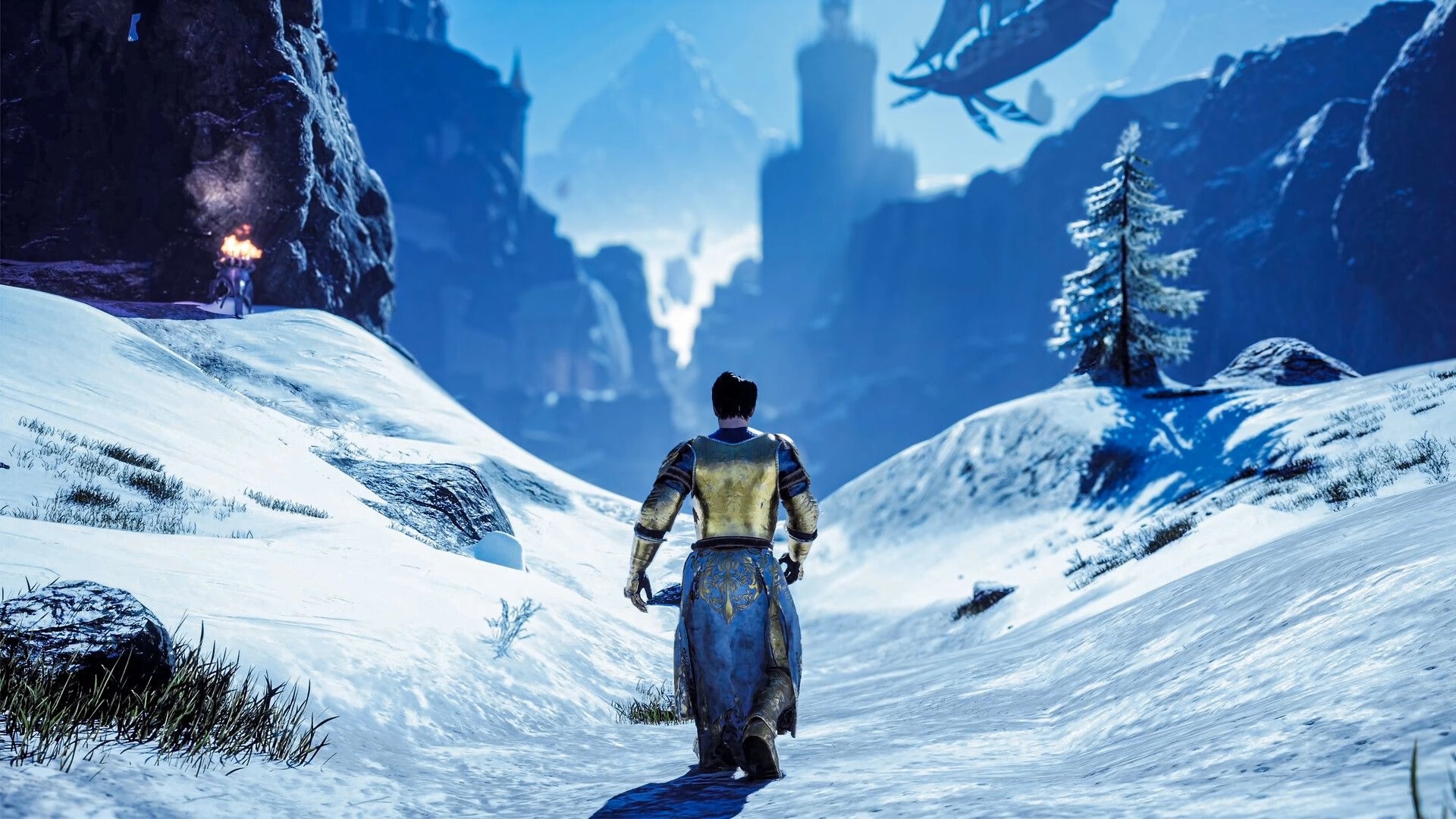 Sagas of Lumin: Character in gold armor traversing snowy landscape with distant castle and flying dragon.