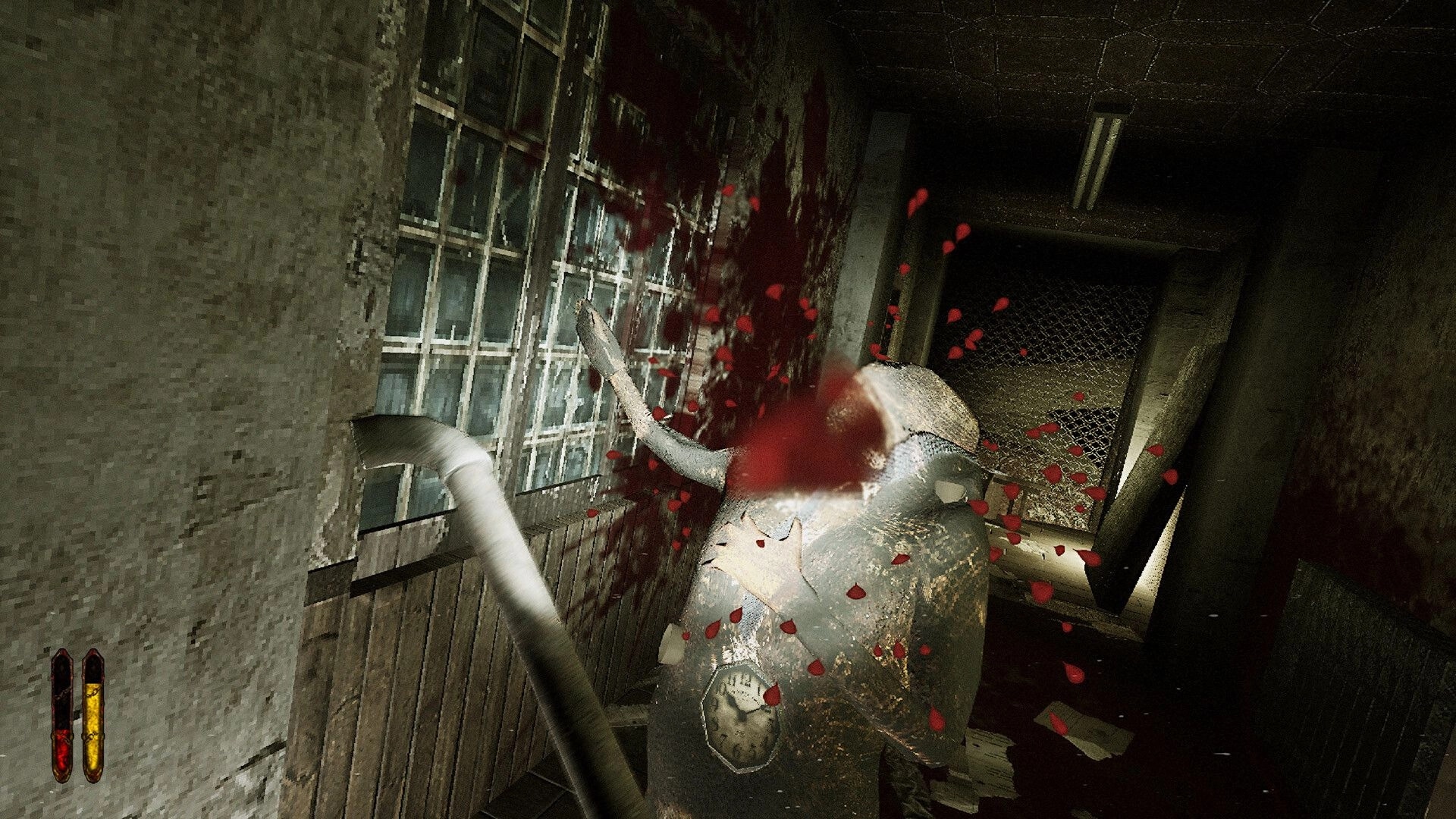 Saint of Chains: Player attacks armored enemy in bloody hallway with health bars on screen left