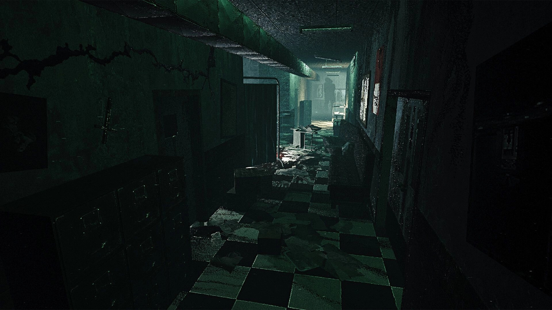Saint of Chains: Dimly lit, decaying hallway with scattered debris and eerie shadows in a haunted building.