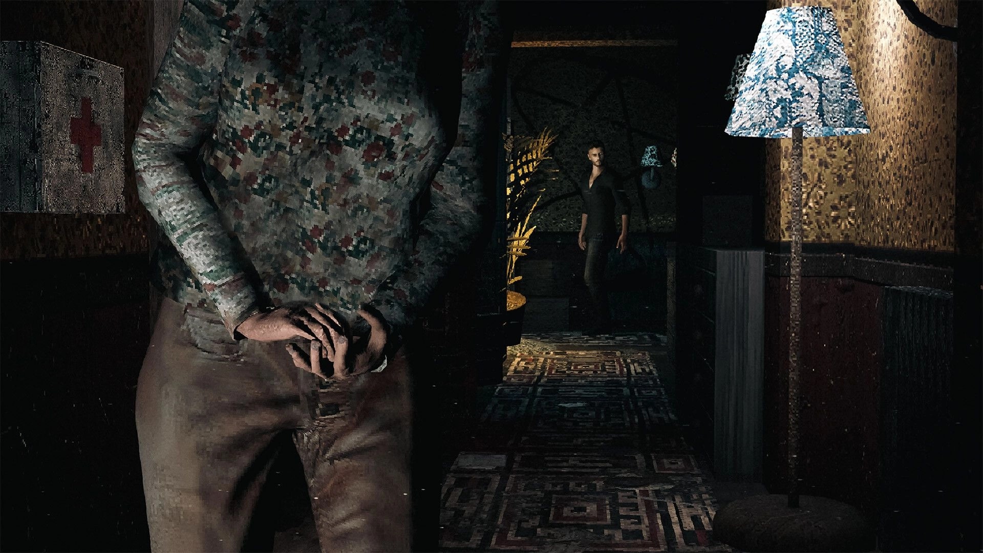 Saint of Chains: Two characters in dimly lit hallway with medical box and patterned lamp nearby