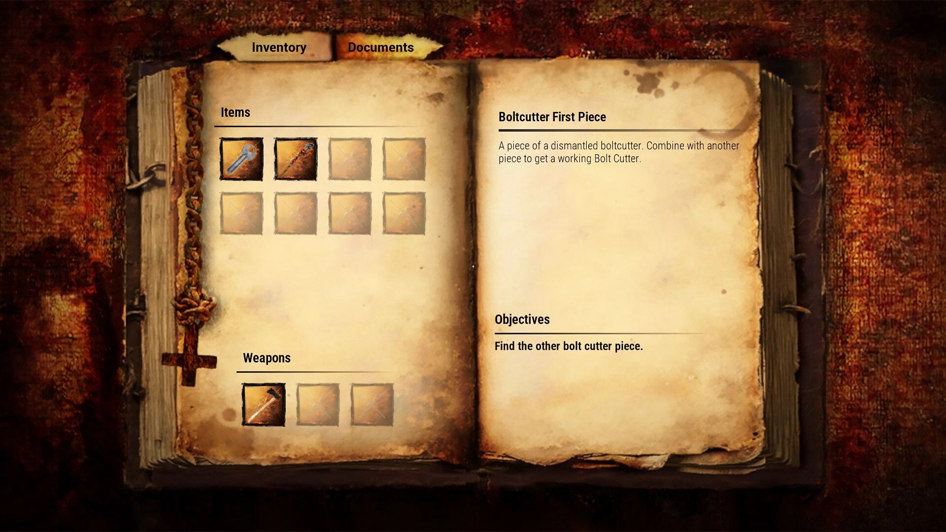 Saint of Chains: Inventory menu open with items, weapons, and objectives in a worn-out journal setting.