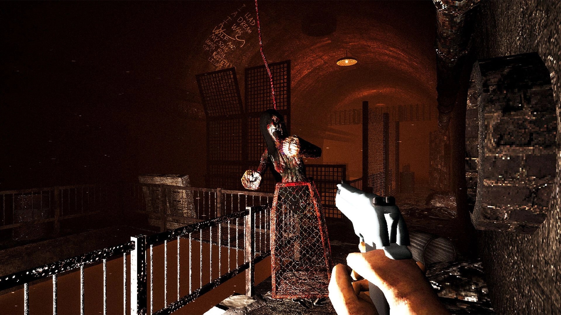 Saint of Chains: First-person view aiming gun at a monstrous figure in a dimly lit, eerie tunnel environment.