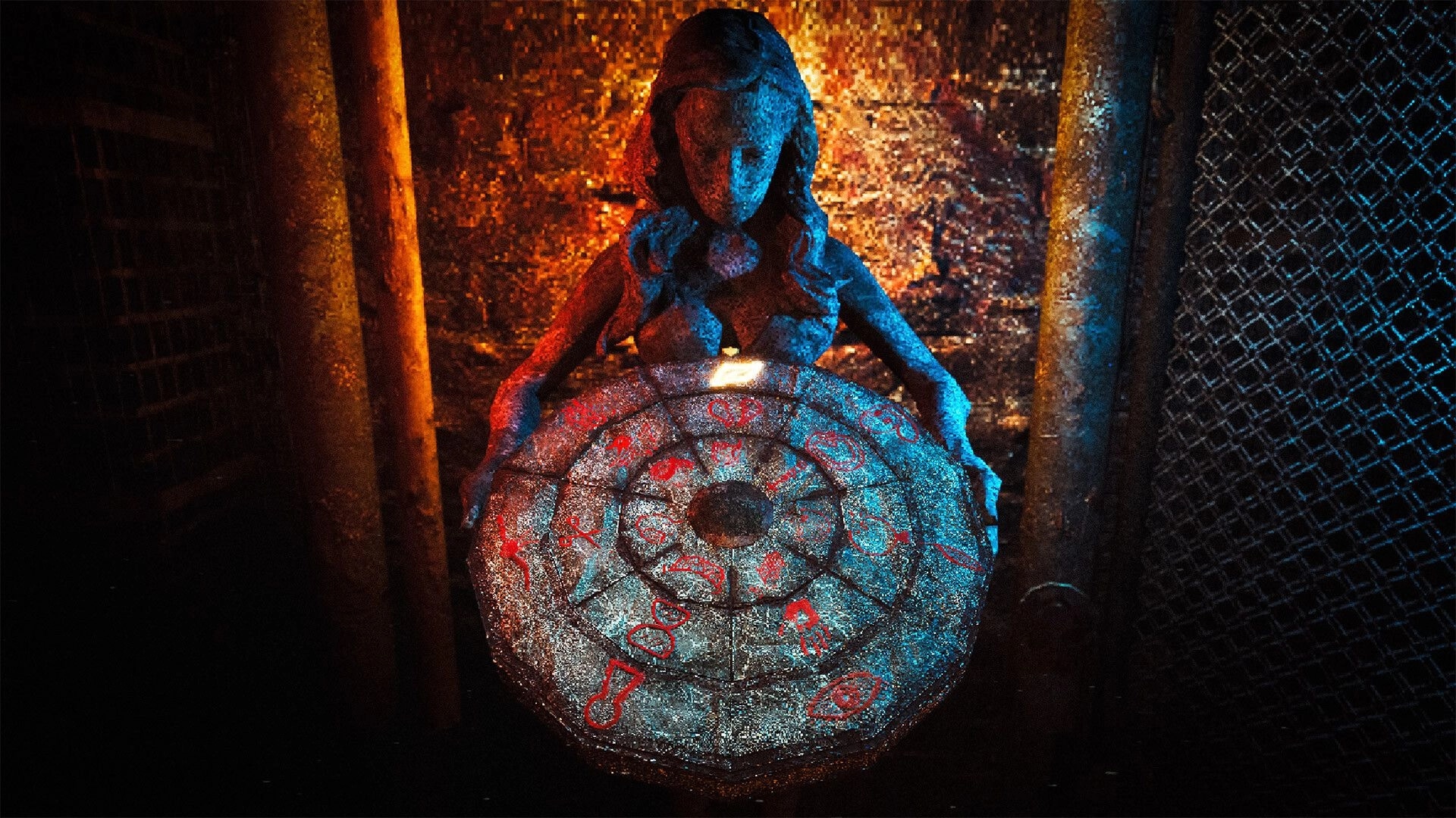 Saint of Chains: Stone statue holding a rune-inscribed disk in a dimly lit, rusty industrial room.