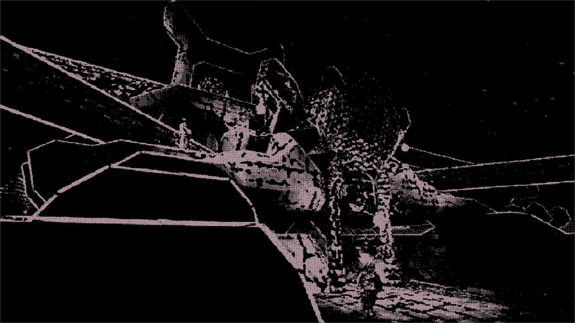 SALANN: Grainy 1-bit view of a crumbling stone bridge and archway over dark water at night.