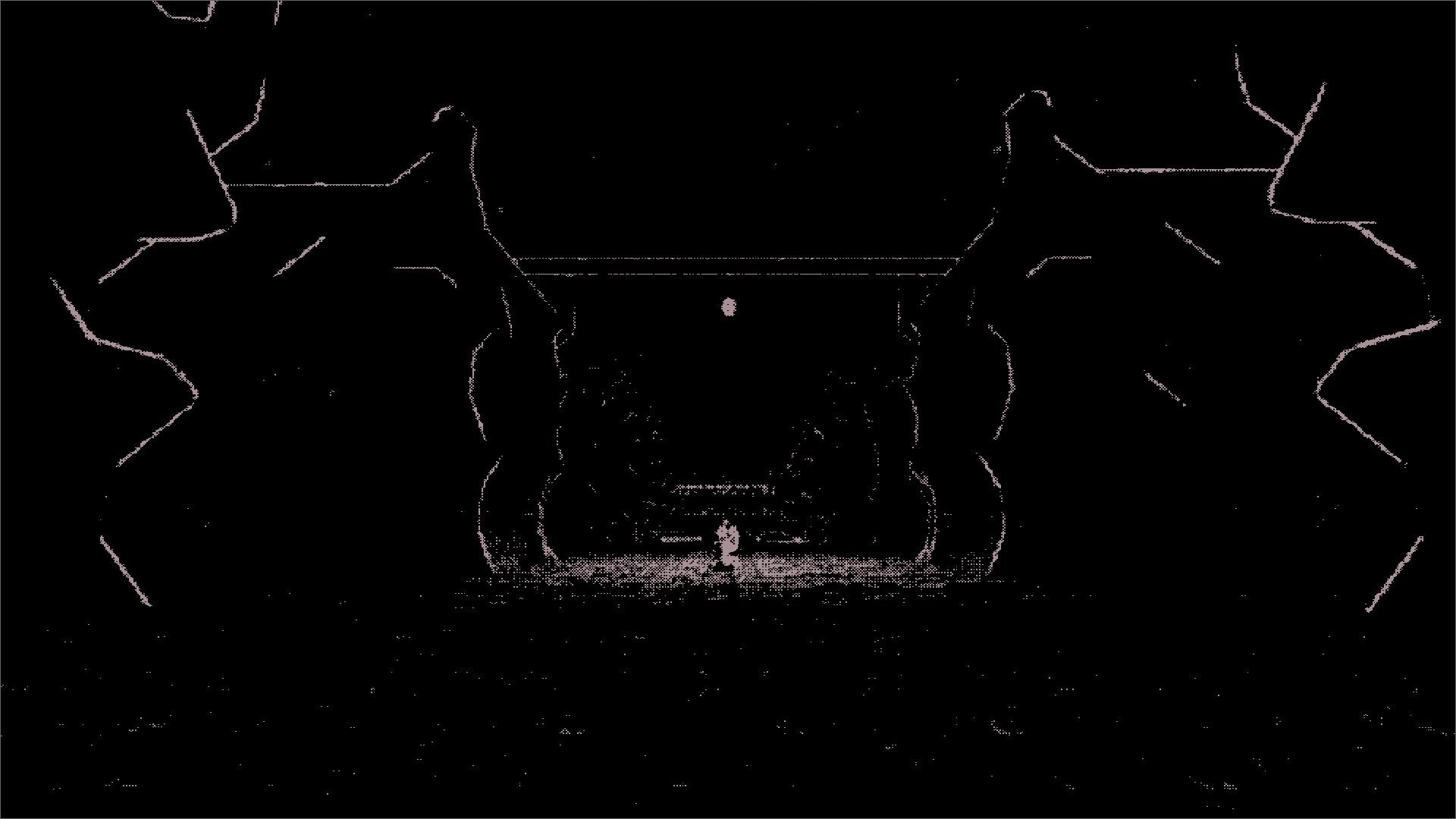 SALANN: Small lone figure stands in a dark cavern corridor framed by jagged rock walls and archway.