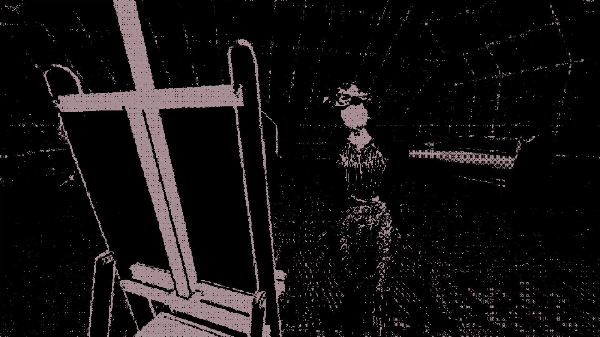 SALANN: Player faces a hooded figure beside a wooden easel in a dim, grainy stone room.