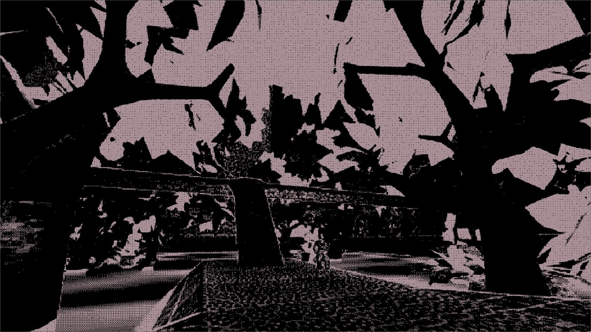 SALANN: First-person view under leafy branches beside stone steps and rails in a dithered courtyard.