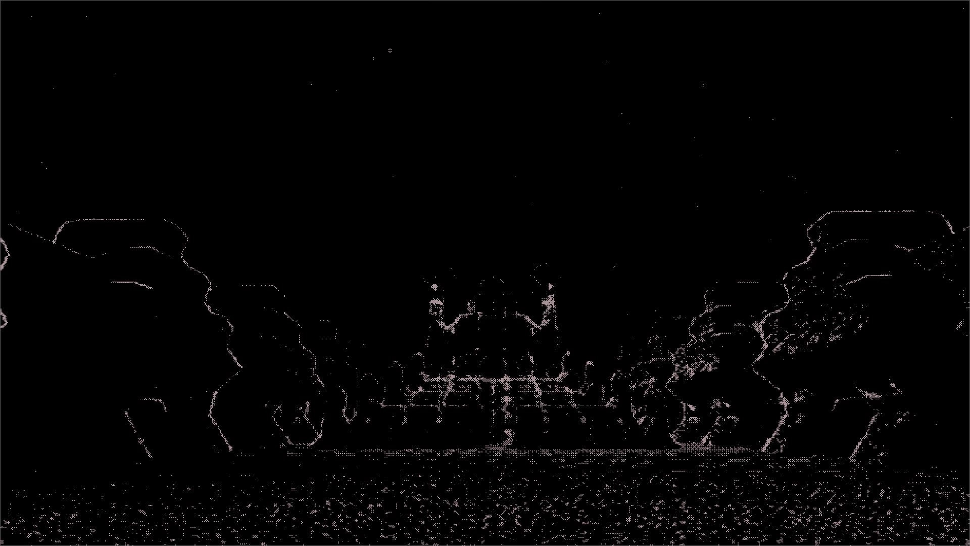 SALANN: Player view of a ruined stone gateway between cliffs under a starry black sky at night.