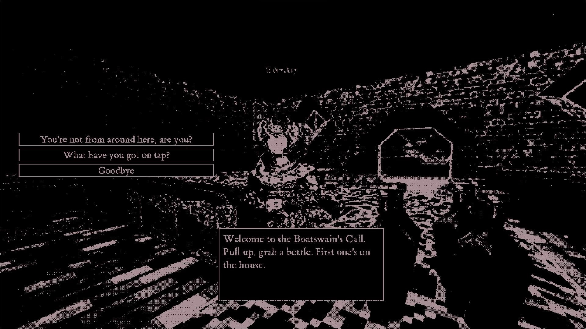 SALANN: Dialogue choices at a tavern bar with a bartender sprite in a gritty monochrome room.