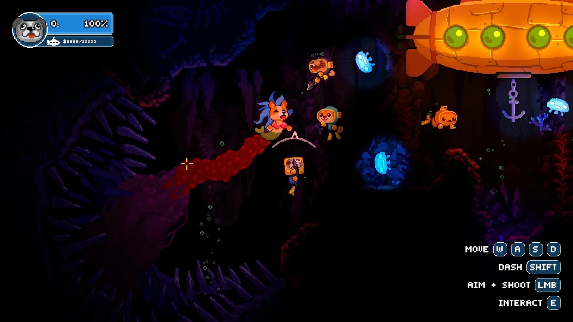 Salty Dogs: Divers and a dog harpoon loot near a yellow sub in a dark glowing sea cave UI tips.