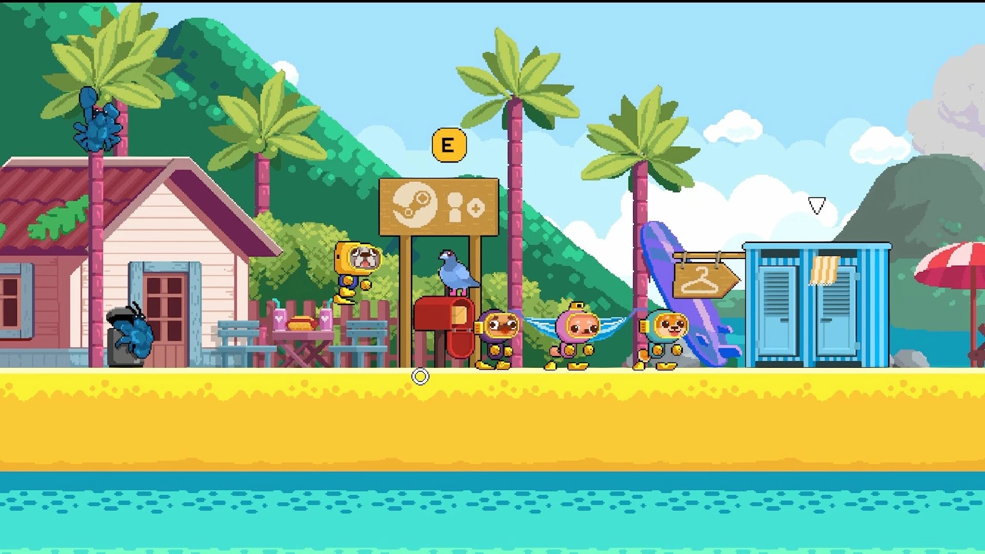 Salty Dogs: Four suited dog divers by beach huts and shop signs, with an E interact prompt overhead.